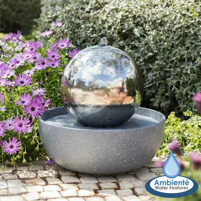 H45cm Eclipse Sphere Stainless Steel Water Feature with Lights | Indoor/Outdoor Use by Ambienté 1 H45cm Eclipse Sphere Stainless Steel Water Feature with Lights | Indoor/Outdoor Use by Ambienté