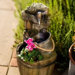 60cm Rustic Tap Bucket And Barrel Tiered Planter Water Feature With Lights By Ambienté -Polyresin Water Features Sales Shop WF10454 3 35a5