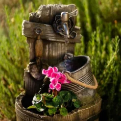 60cm Rustic Tap Bucket And Barrel Tiered Planter Water Feature With Lights By Ambienté -Polyresin Water Features Sales Shop WF10454 4 20de