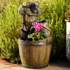 60cm Rustic Tap Bucket And Barrel Tiered Planter Water Feature With Lights By Ambienté