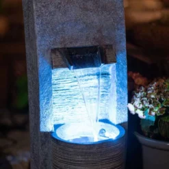 91cm Stone Effect Ripple Wall and Bowl Cascading Planter Water Feature With Lights By Ambienté -Polyresin Water Features Sales Shop WF10457 3 501c