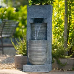 91cm Stone Effect Ripple Wall and Bowl Cascading Planter Water Feature With Lights By Ambienté -Polyresin Water Features Sales Shop WF10457 4 6b28