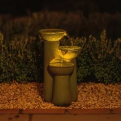 40cm Solar Green Pouring Bowls Tiered Cascading Water Feature With Battery Backup and Lights By Solaray -Polyresin Water Features Sales Shop WF10463 3 2b39