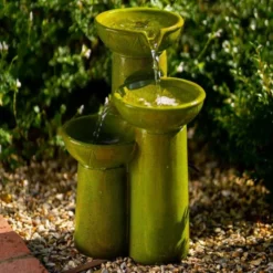 40cm Solar Green Pouring Bowls Tiered Cascading Water Feature With Battery Backup and Lights By Solaray -Polyresin Water Features Sales Shop WF10463 4 5839