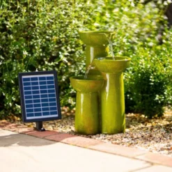 40cm Solar Green Pouring Bowls Tiered Cascading Water Feature With Battery Backup and Lights By Solaray