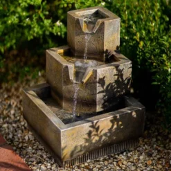 37cm Solar Tiered Coba Square Cascading Water Feature With Battery Backup and Lights By Solaray -Polyresin Water Features Sales Shop WF10464 4 8dc6