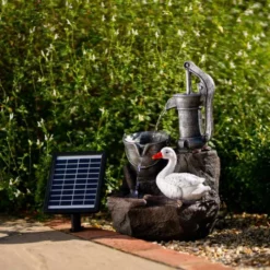 49cm Solar Duck At The Well Tiered Cascading Water Feature With Battery Backup and Lights By Solaray