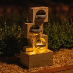 53cm Solar Grey Column Pouring Bowls Tiered Cascading Water Feature With Battery Backup and Lights By Solaray -Polyresin Water Features Sales Shop WF10469 3 7e71