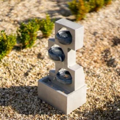 53cm Solar Grey Column Pouring Bowls Tiered Cascading Water Feature With Battery Backup and Lights By Solaray -Polyresin Water Features Sales Shop WF10469 4 9fff