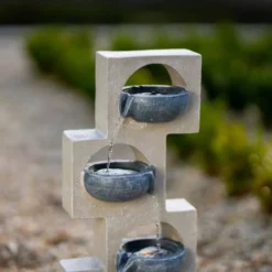 53cm Solar Grey Column Pouring Bowls Tiered Cascading Water Feature With Battery Backup and Lights By Solaray -Polyresin Water Features Sales Shop WF10469 7 7396