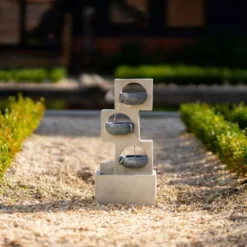 53cm Solar Grey Column Pouring Bowls Tiered Cascading Water Feature With Battery Backup and Lights By Solaray -Polyresin Water Features Sales Shop WF10469 8 ad60