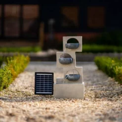 53cm Solar Grey Column Pouring Bowls Tiered Cascading Water Feature With Battery Backup and Lights By Solaray