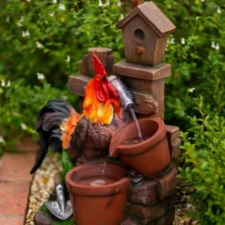 57cm Solar Rooster Pouring Pots Tiered Cascading Water Feature With Battery Backup and Lights By Solaray -Polyresin Water Features Sales Shop WF10470 7 090c
