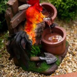 57cm Solar Rooster Pouring Pots Tiered Cascading Water Feature With Battery Backup and Lights By Solaray -Polyresin Water Features Sales Shop WF10470 8 0683