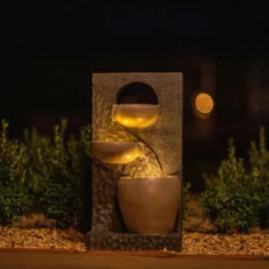 48cm Solar Two Tone Pouring Bowls Tiered Cascading Water Wall Water Feature With Battery Backup and Lights By Solaray -Polyresin Water Features Sales Shop WF10472 3 75cf