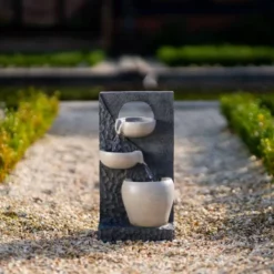 48cm Solar Two Tone Pouring Bowls Tiered Cascading Water Wall Water Feature With Battery Backup and Lights By Solaray -Polyresin Water Features Sales Shop WF10472 7 4818