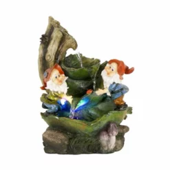 H36cm Two Gnomes on Leaves Water Feature with Lights | Indoor/Outdoor Use - by Ambienté -Polyresin Water Features Sales Shop WF3921 add image 4 f4db