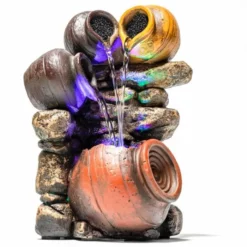 H27cm Triple Trickle Honey Pots Water Feature with Lights | Indoor/Outdoor Use by Ambienté -Polyresin Water Features Sales Shop WF7081 add image 2 e9ba