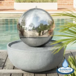 H76cm Eclipse Sphere Stainless Steel Water Feature with Lights by Ambienté