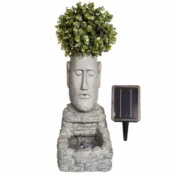 H50cm Easter Island Head Solar Water Feature & Planter with Lights by Solaray -Polyresin Water Features Sales Shop WF9718 add image 4 da34