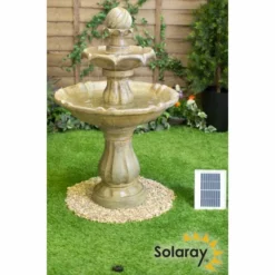 H92cm Cream Imperial Round Tiered Solar Water Fountain with Lights by Solaray