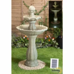 H112cm Antique Imperial Round-Tiered Solar Water Fountain with Lights by Solaray